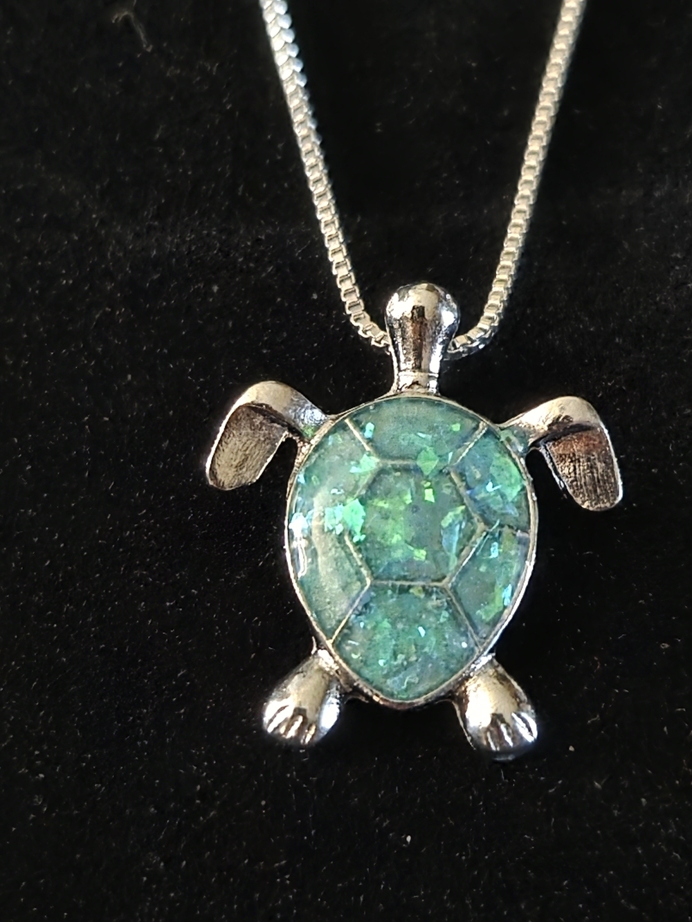 Silver Turtle Pendant Necklace with Green Opal Shell